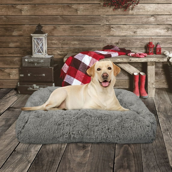 Vibrant Life Large Furry Bolster Dog Bed, Taupe, 36" x 27" image 1